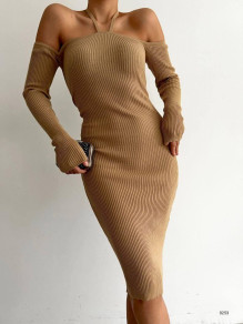 Γυναικείο εντυπωσιακό φόρεμα ριμπ E0253 καμηλό 