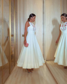 Γυναικείο μακρύ φόρεμα με έθνικ σχέδια F1051 άσπρο