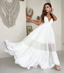 Γυναικείο μακρύ φόρεμα με δαντέλα NI1597 άσπρο