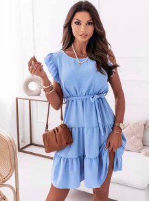 Γυναικείο κοντό φόρεμα με ζώνη K23723 γαλάζιο