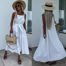 Γυναικείο μακρύ χαλαρό φόρεμα με ζώνη K7191 άσπρο