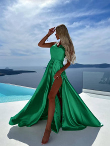 Γυναικείο σατέν φόρεμα με σκισίμο A1085 πράσινο