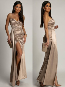 Γυναικείο κομψό μακρύ φόρεμα K5479 μπεζ