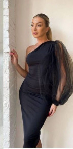 Γυναικείο κομψό φόρεμα με ένα μανίκι H4103 μαύρο