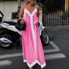 Γυναικείο μακρύ φόρεμα με ρίγα A1796 ροζ