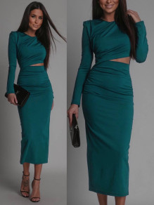 Γυναικείο μακρύ εφαρμοστό φόρεμα K6122 πετρόλ