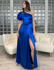 Γυναικείο σατέν φόρεμα με σκίσιμο L8833 μπλε