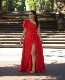 Γυναικείο σατέν φόρεμα με σκίσιμο L8833 κόκκινο