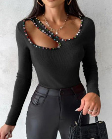 Γυναικεία εντυπωσιακή μπλούζα με κρύσταλλα J68002 μαύρη