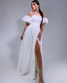 Γυναικείο μακρύ σατέν φόρεμα L8513 άσπρο
