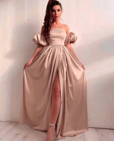 Γυναικείο μακρύ σατέν φόρεμα L8513  μπεζ