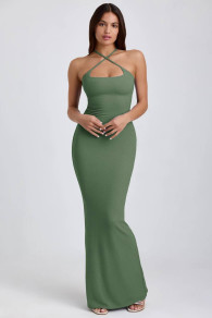 Γυναικείο μακρύ φόρεμα E1812 λαδί
