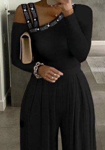 Γυναικεία εντυπωσιακή ολόσομη φόρμα με έναν ώμο 1365 μαύρη
