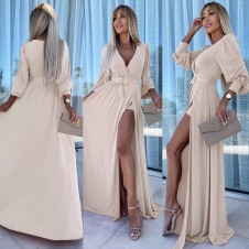 Γυναικείο μακρύ φόρεμα με ζώνη A1570 μπεζ