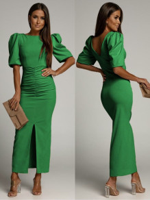 Γυναικείο κομψό φόρεμα ντραπέ με σκίσιμο K5803 πράσινο