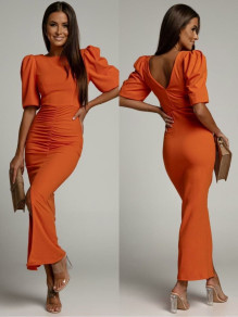 Γυναικείο κομψό φόρεμα ντραπέ με σκίσιμο K5803 πορτοκαλί