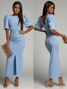 Γυναικείο κομψό φόρεμα ντραπέ με σκίσιμο K5803 γαλάζιο