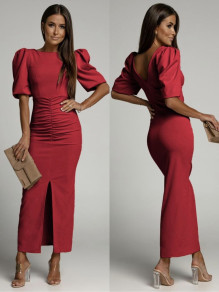 Γυναικείο κομψό φόρεμα ντραπέ με σκίσιμο K5803 κόκκινο