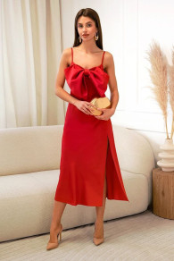 Γυναικείο φόρεμα σατέν με φιόγκο L8872 κόκκινο