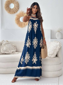Γυναικείο μακρύ φόρεμα με σχέδια A1861 σκούρο μπλε