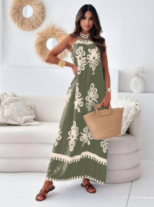 Γυναικείο μακρύ φόρεμα με σχέδια A1861 λαδί