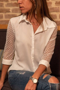 Γυναικείο πουκάμισο με μανίκια από τούλι PB4331 άσπρο