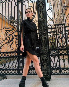 Γυναικείο φόρεμα -πουκάμισο με εντυπωσιακά μανίκια PB4149 μαύρο
