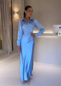 Γυναικείο σατέν φόρεμα με ζώνη H4384 γαλάζιο