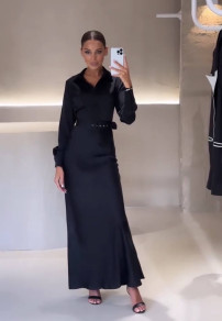 Γυναικείο σατέν φόρεμα με ζώνη H4384 μαύρο