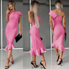 Γυναικείο φόρεμα με έναν ώμο A1538 ροζ