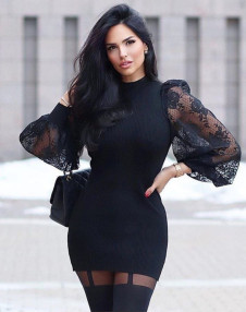 Γυναικείο φόρεμα με μανίκι  από δαντέλα B7859 μαύρο