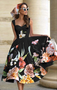 Γυναικείο κομψό φόρεμα φλοράλ μίντι 16702 μαύρο 