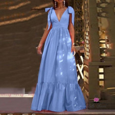 Γυναικείο μακρύ φόρεμα με κορδέλες L9025 γαλάζιο