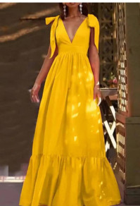 Γυναικείο μακρύ φόρεμα με κορδέλες L9025 κίτρινο