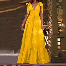 Γυναικείο μακρύ φόρεμα με κορδέλες L9025 κίτρινο