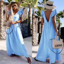 Γυναικείο μακρύ φόρεμα με εντυπωσιακή πλάτη A1760 γαλάζιο