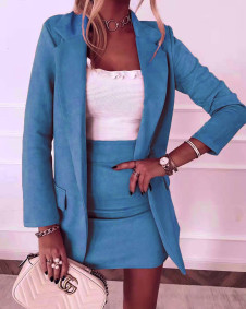 Γυναικείο βελούδινο σετ φούστα και σακάκι K3447 μπλε