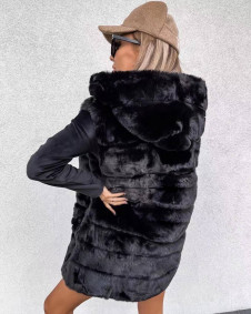 Γυναικείο αφράτο γιλέκο με κουκούλα K2001 μαύρο