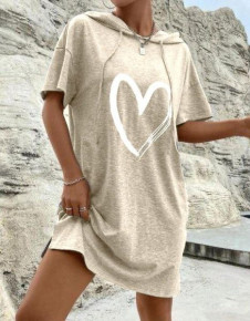 Γυναικείο μπλουζοφόρεμα με κουκούλα και print 13460 μπεζ