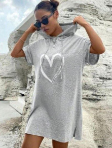 Γυναικείο μπλουζοφόρεμα με κουκούλα και print 13460 γκρι