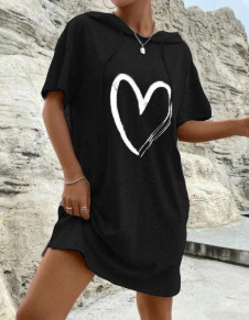 Γυναικείο μπλουζοφόρεμα με κουκούλα και print 13460 μαύρο