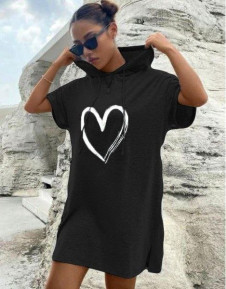 Γυναικείο μπλουζοφόρεμα με κουκούλα και print 13460 μαύρο