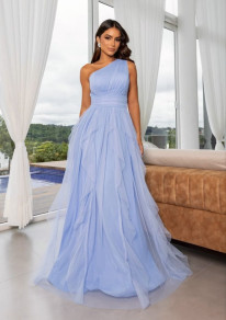 Γυναικείο μακρύ φόρεμα με τούλι K20020 γαλάζιο
