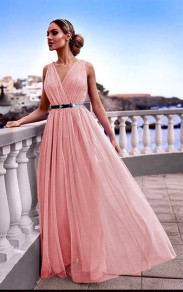 Γυναικείο μακρύ φόρεμα με τούλι K6286 πούδρα