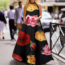 Γυναικείο maxi φόρεμα με λουλούδια 21470 μαύρο