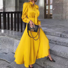 Γυναικείο φόρεμα σατέν με κορδόνι στον λαιμό 2525 κίτρινο