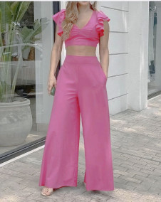 Γυναικείο μονόχρωμο σετ παντελόνι και τοπάκι 6390 ροζ