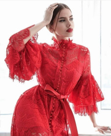 Γυναικείο Μακρύ Δαντελένιο Φόρεμα NS697 Κόκκινο