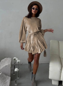 Γυναικείο βελούδινο φόρεμα με ζώνη V1204 μπεζ