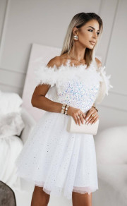 Γυναικείο κοντό φόρεμα με τούλι και φθερά S23889 άσπρο